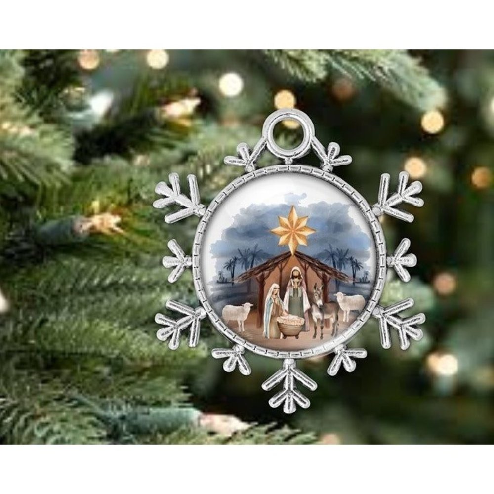 Christmas Manger Bethlehem Faith Religious Faith Silver Snowflake Ornament New